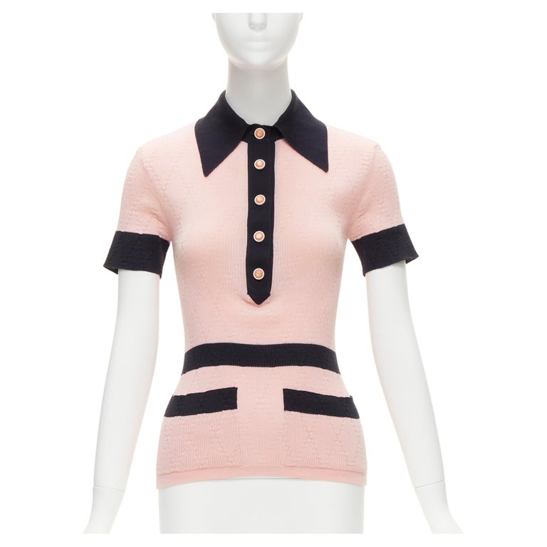 CHANEL CC logo gold tone button pink black knit collar polo top FR34 XS For  Sale at 1stDibs