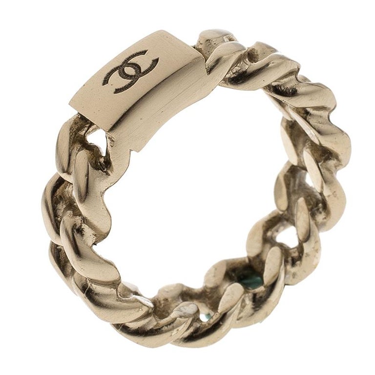 Chanel Gold Tone CC Textured Logo Ring - Size 5