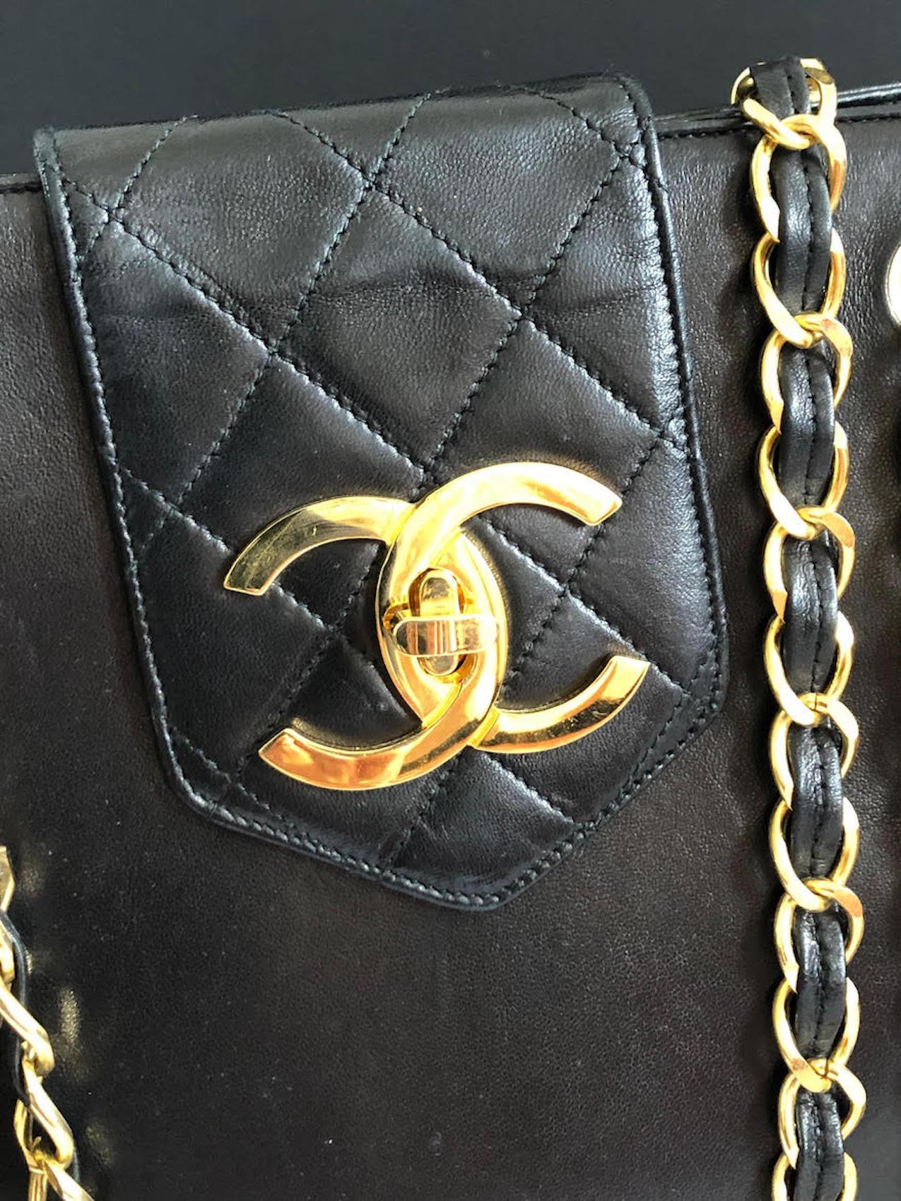 CHANEL CC Logo Grand Shopping Tote Black Shoulder Bag Vintage 1
