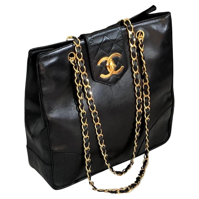 CHANEL CC Logo Grand Shopping Tote Black Shoulder Bag Vintage at