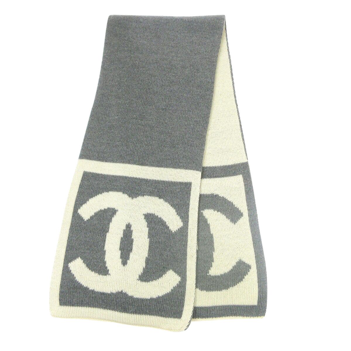 Chanel CC Logo Gray Ivory Cashmere Silk Laine Winter Jacket Reversible Scarf 