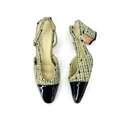 Chanel CC Logo Green Wool Tweed Patent Cap Toe Slingback Heeled Sandals 37