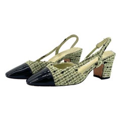 Chanel CC Logo Green Wool Tweed Patent Cap Toe Slingback Heeled Sandals 37