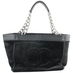 Vintage Chanel Cc Logo Hair Chain 4ce0102 Black Pony Fur Tote