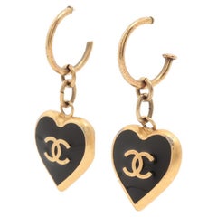 Chanel CC Logo Heart Hoop Drop Earring Black x Gold