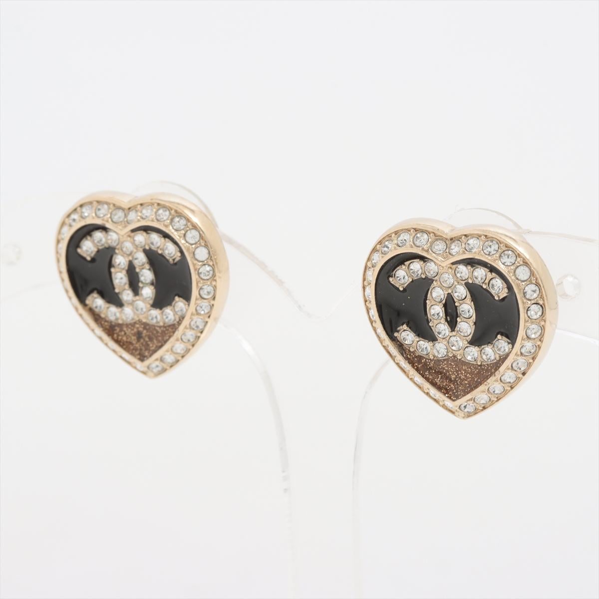 Women's Chanel CC Logo Heart Rhinestone Black Enamel Stud Earring