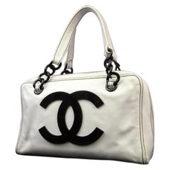 Chanel Cc Logo Jumbo Boston 221154 White X Black Caviar Leather Satchel