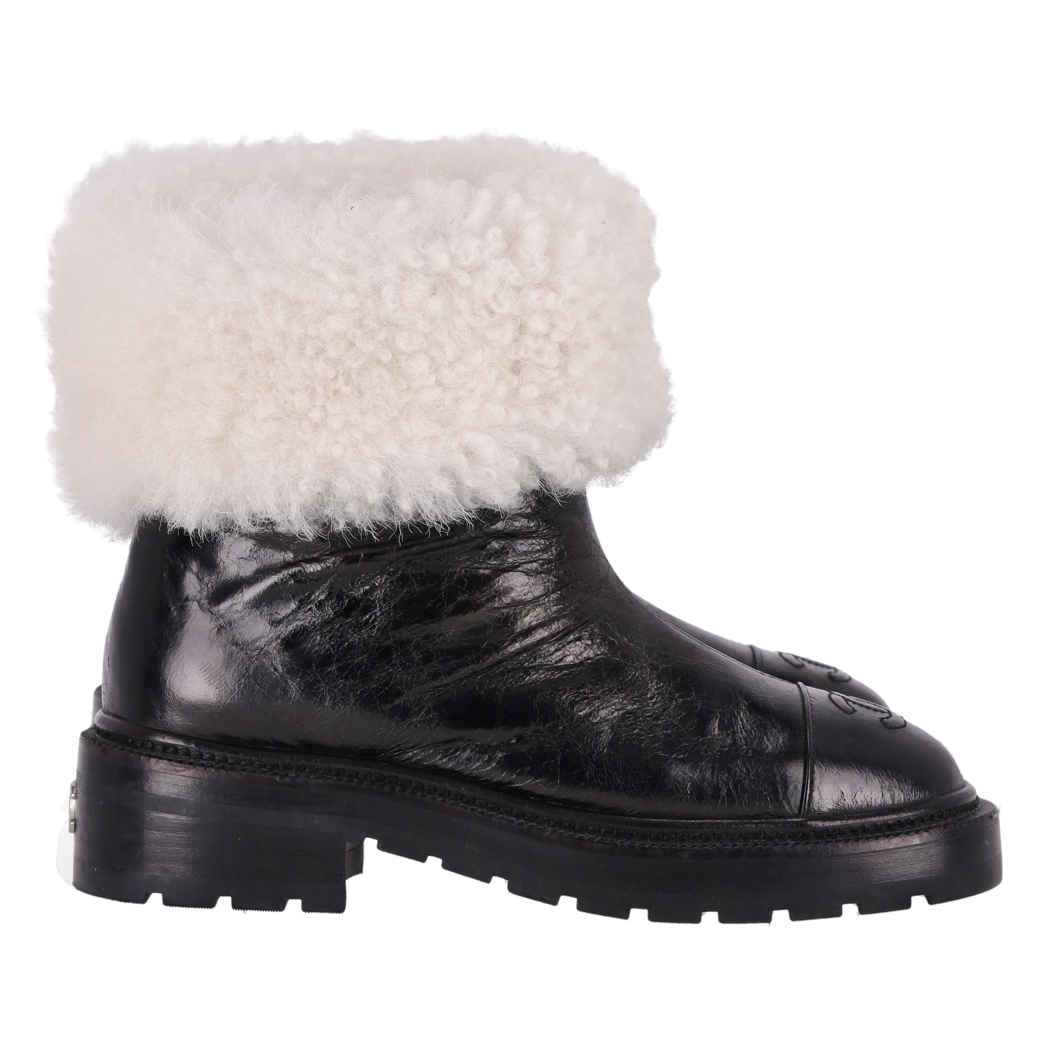 Black Chanel 'CC' Logo Lambskin & Shearing Ankle Boots For Sale