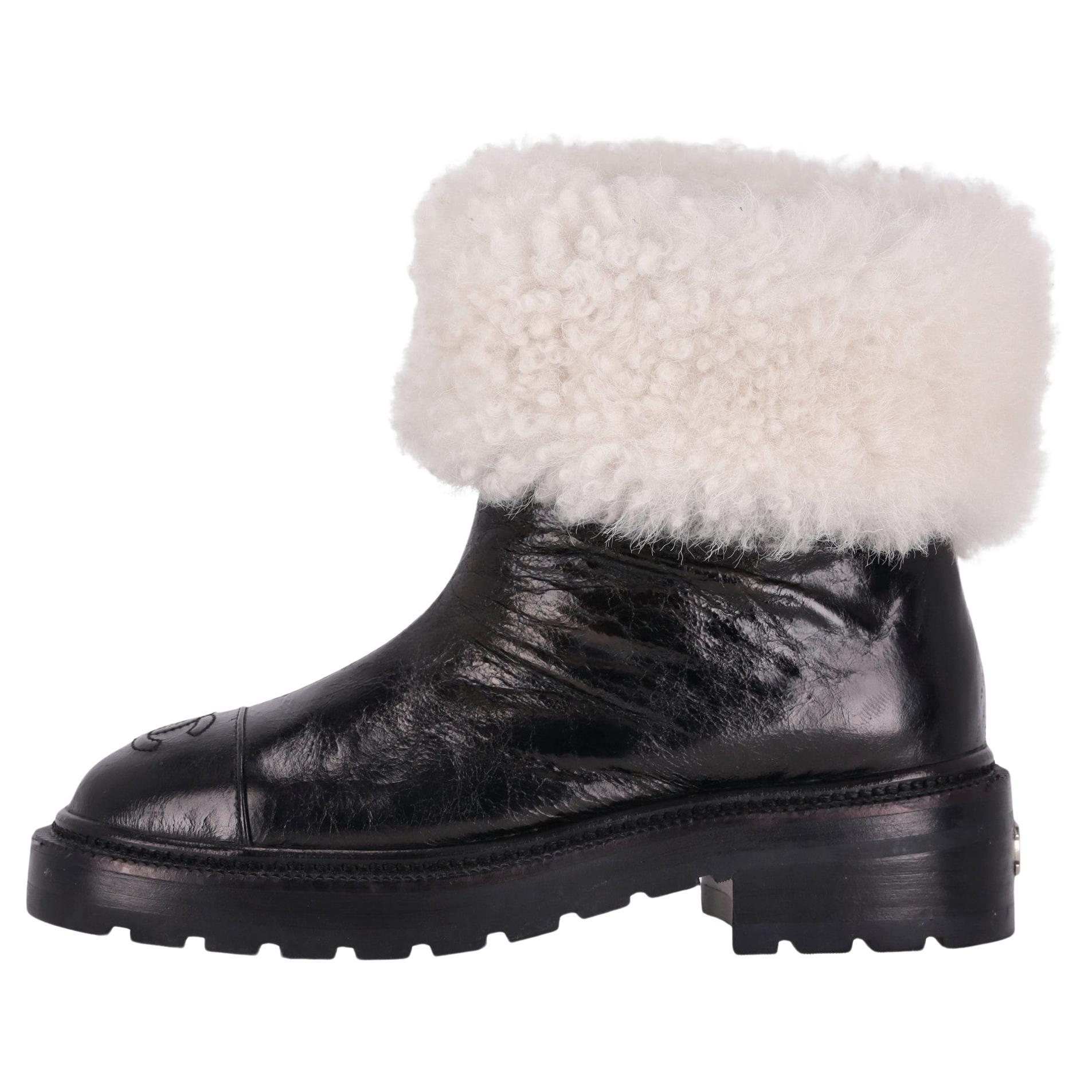 Chanel 'CC' Logo Lambskin &amp; Shearing Ankle Boots For Sale