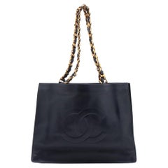 Chanel CC Logo Lambskin Chain Tote Bag Navy Blue