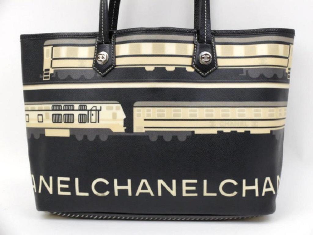 Chanel Cc Logo Le Tren Shopper 234425 Black Coated Canvas Tote For Sale 6