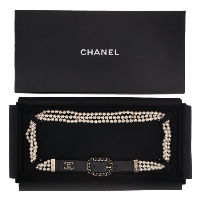 Chanel Double Pearl CC Logo Line Stone Plate Belt Leather Black Gold Chanel  main image 4