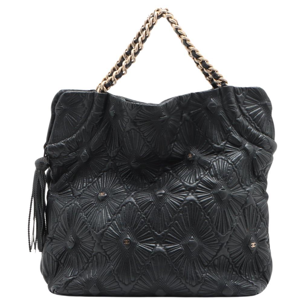 Chanel CC Logo Leather Chain Tassel Handbag Black
