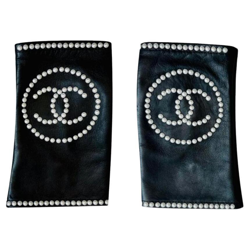 Chanel 'CC' Logo Leather & Pearl Fingerless Gloves For Sale