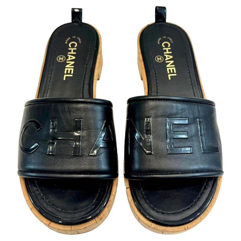 Chanel Black Leather CC Slide Wedge Sandals Size 39.5 at 1stDibs