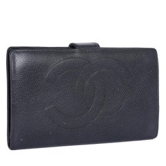 CHANEL CC Logo Long Bifold Wallet Purse Leather Black Vintage