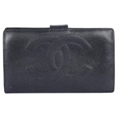 CHANEL CC Logo Long Bifold Wallet Purse Leather Black Vintage
