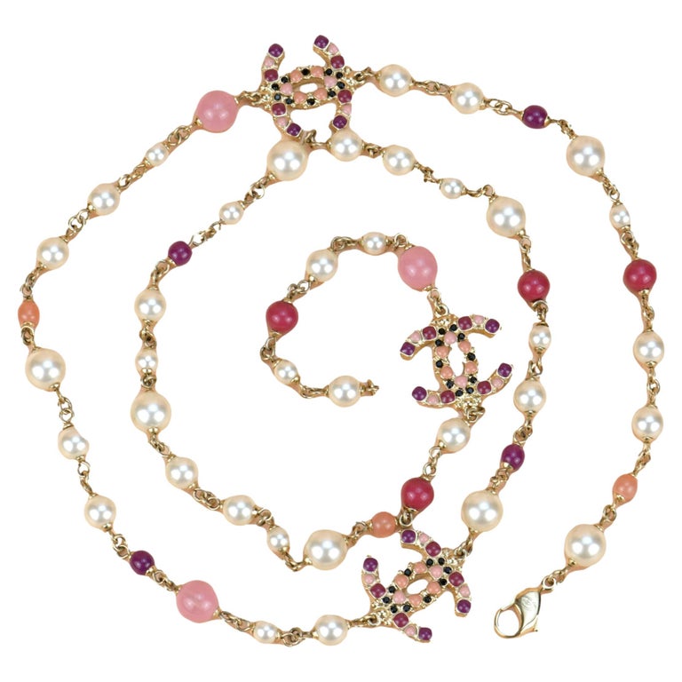 Chanel CC Logo Pearl and Crystal Long Pearl Necklace in Gilt Gold at  1stDibs
