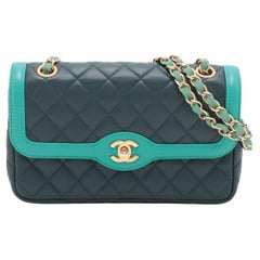 Chanel CC Logo Matelasse Lambskin Chain Shoulder Bag Dark Green x Turquoise