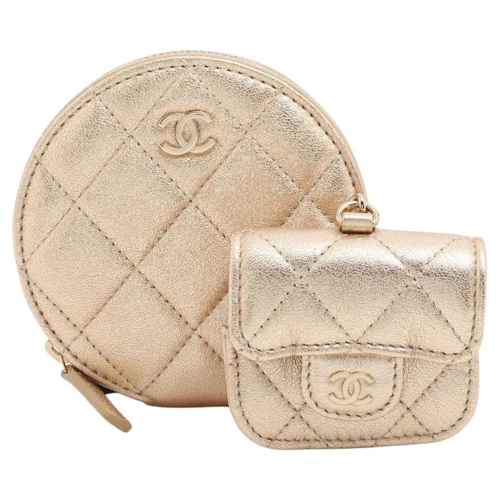Chanel CC Logo Matelasse Lambskin Coin Purse and Airpods Case Champagne For Sale