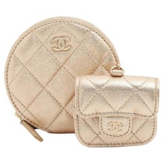 Chanel CC Logo Matelasse Lambskin Coin Purse and Airpods Case Champagne