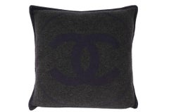 Chanel CC Logo Navy Blue Grey Merino Wool Cashmere Throw Pillow Blanket