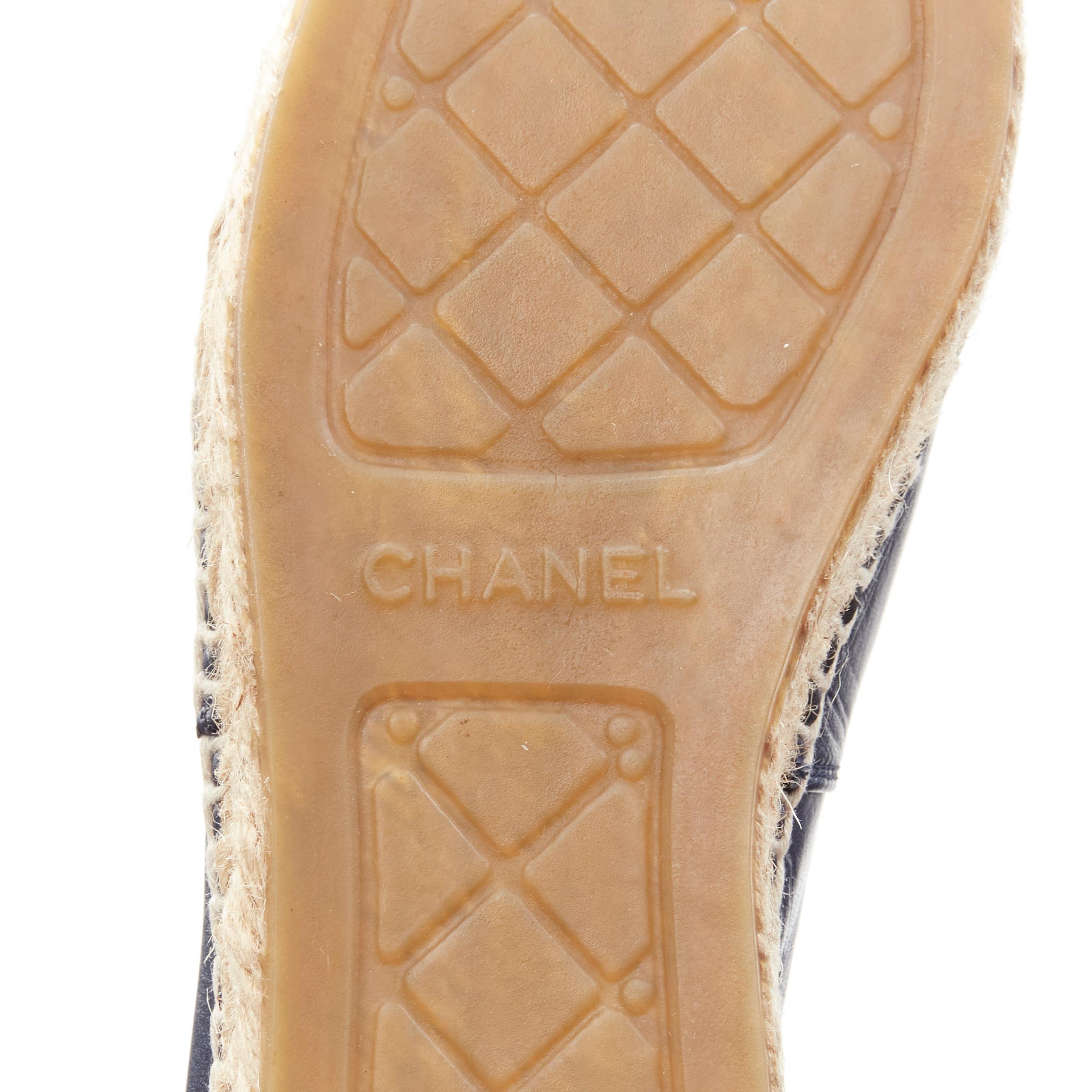 CHANEL CC Logo navy lambskin leather jute espadrilles shoes EU38 US8 2