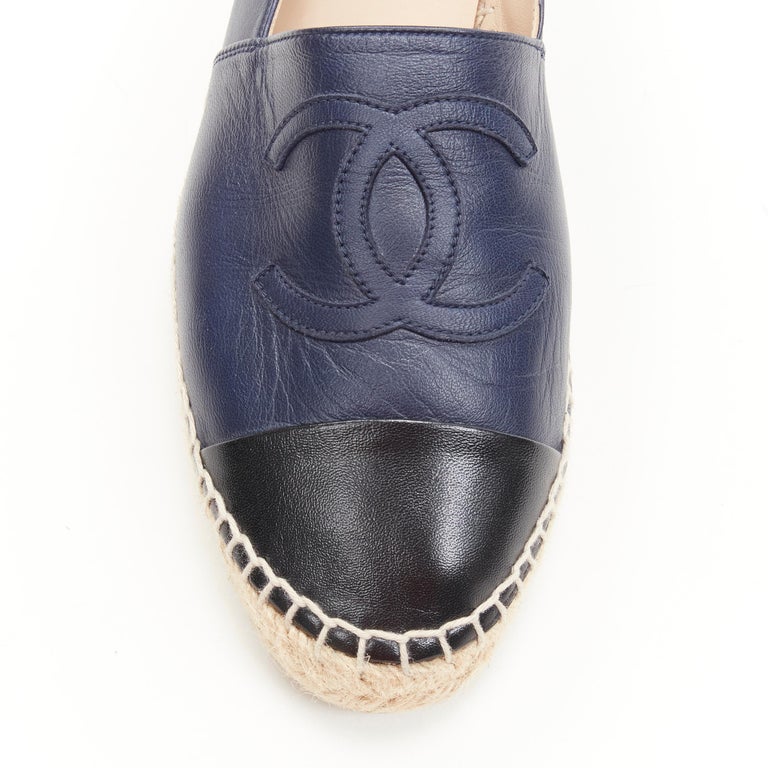 CHANEL CC Logo navy lambskin leather jute espadrilles shoes EU38 US8