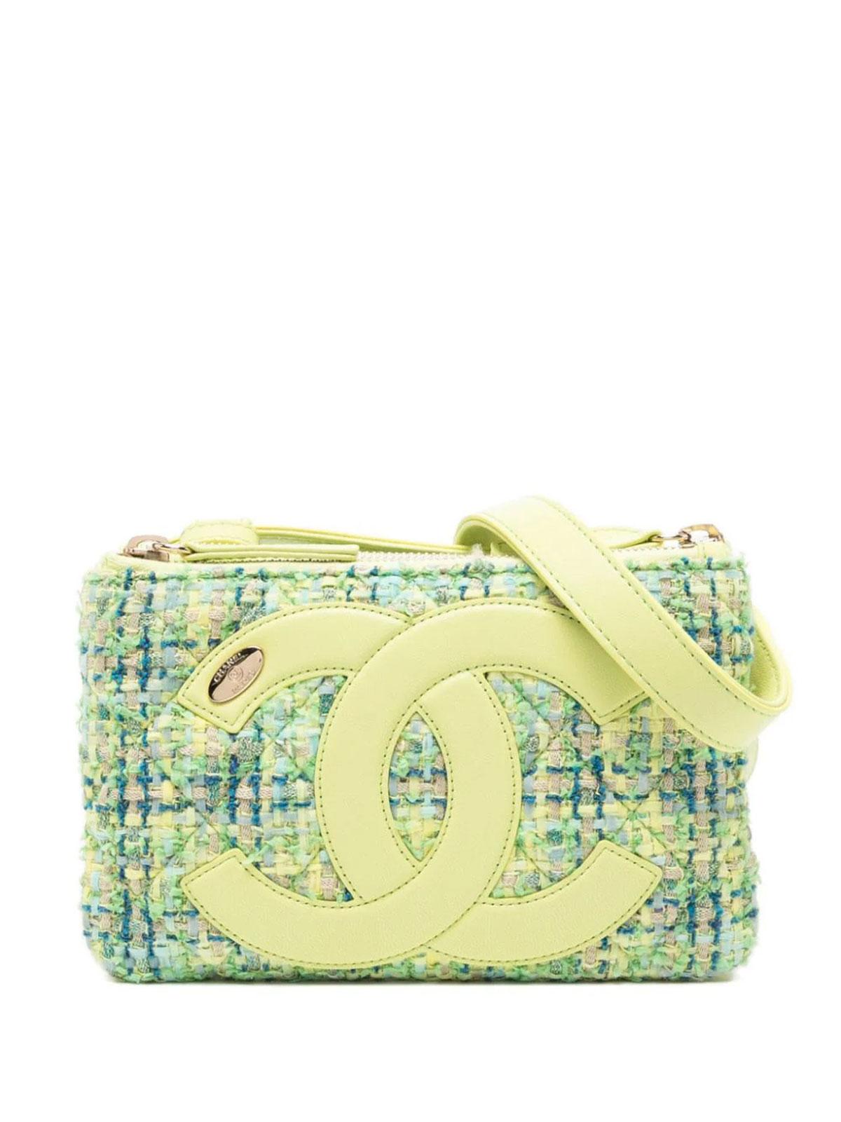 Chanel CC Logo Neon Lime Green Fantasy Tweed Waist Fanny Belt Bag In Excellent Condition For Sale In Miami, FL