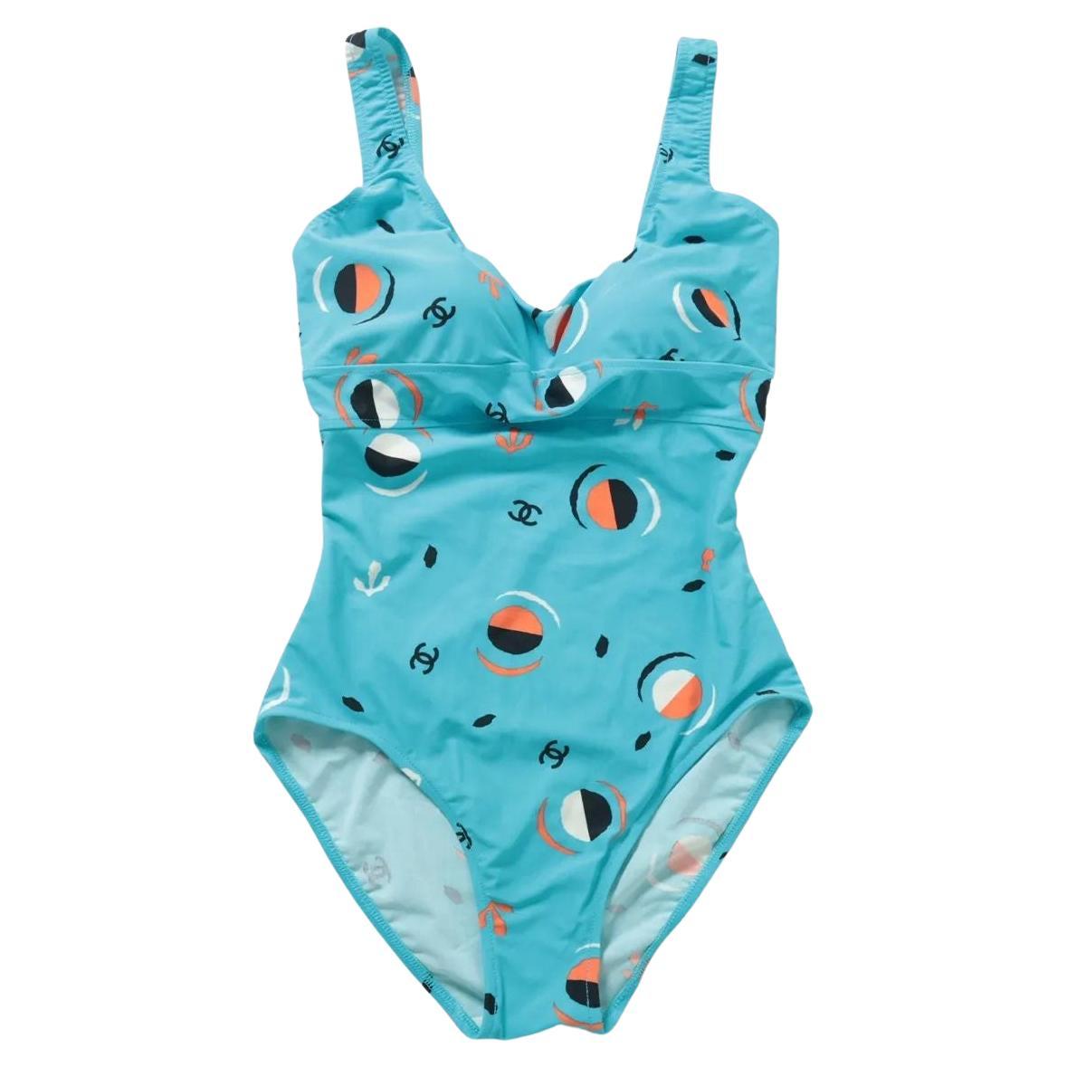 Chanel CC Logo Nylon One-Piece Swimwear Light Blue