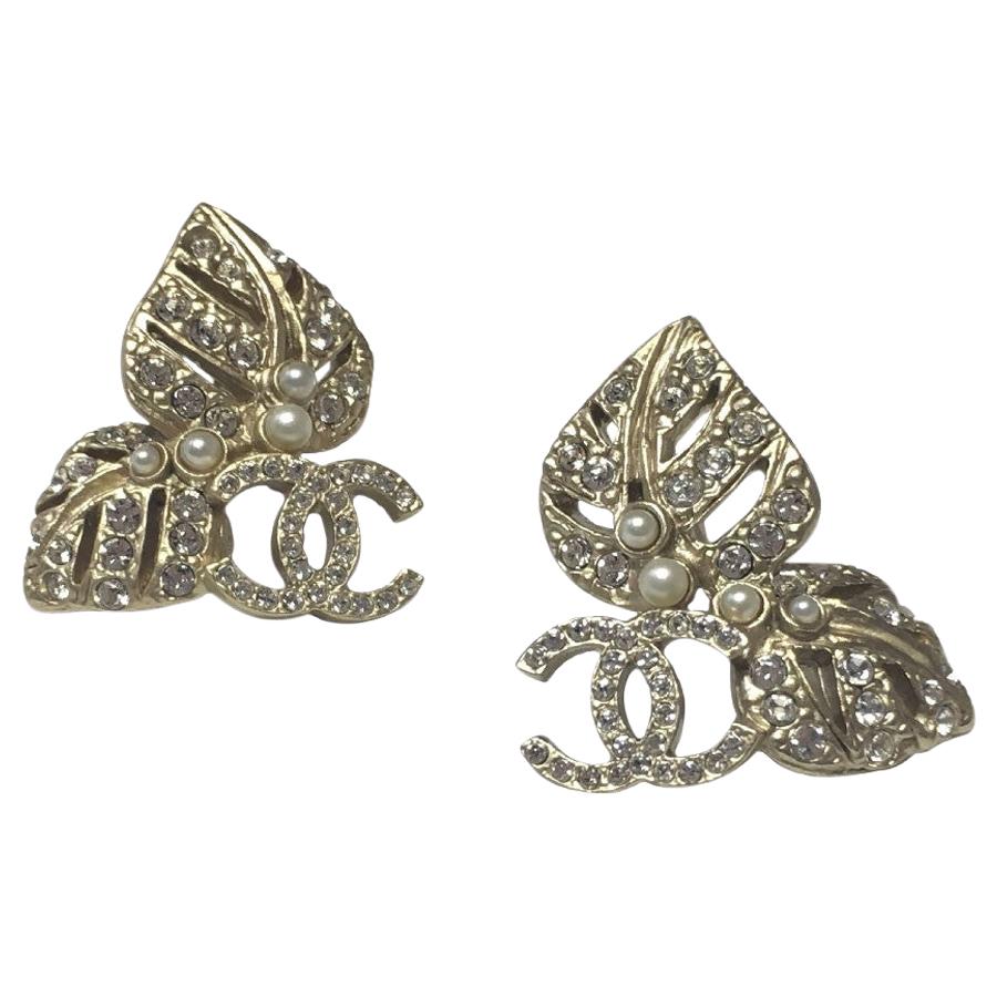 Chanel CC Logo Pale Gold-toned And Rhinestones Earrings 