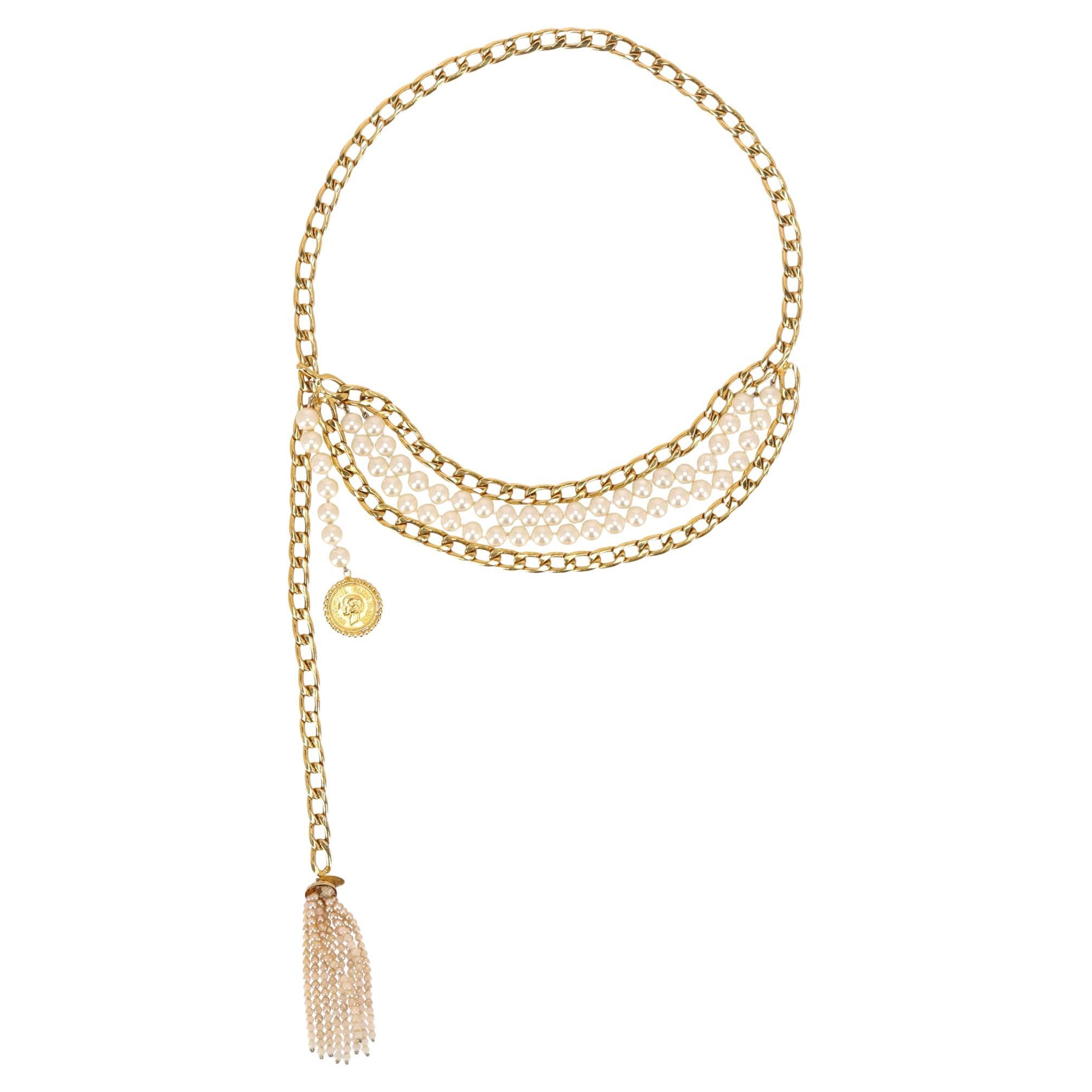 Chanel 'CC' Logo Pearl & 24k Gold Plated Chain Multi-Strand Belt For Sale