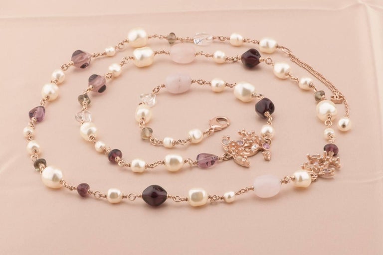 Chanel AUTH CC Logo Pink Medallions Glass Beads Pearls Seashell Necklace  NIB 11C