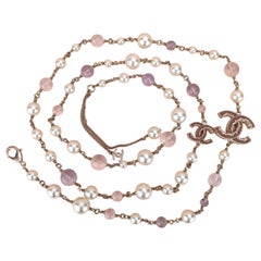 Chanel CC Logo Pearl & Crystal Long Pearl Necklace in Gilt Gold