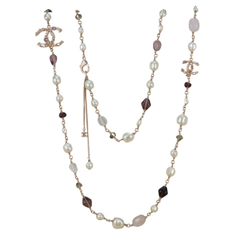 CHANEL Graduated Pearl Crystal CC Long Necklace Light Gold 204446