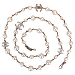 Chanel CC Logo Pearl & Crystal Long Pearl Necklace in Gilt Gold