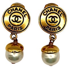 CHANEL CC Logo Pearl Dangle Earrings, Spring 1997