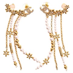 Chanel 'CC' Logo & Pearl Floral Motif Drop Climber Earrings