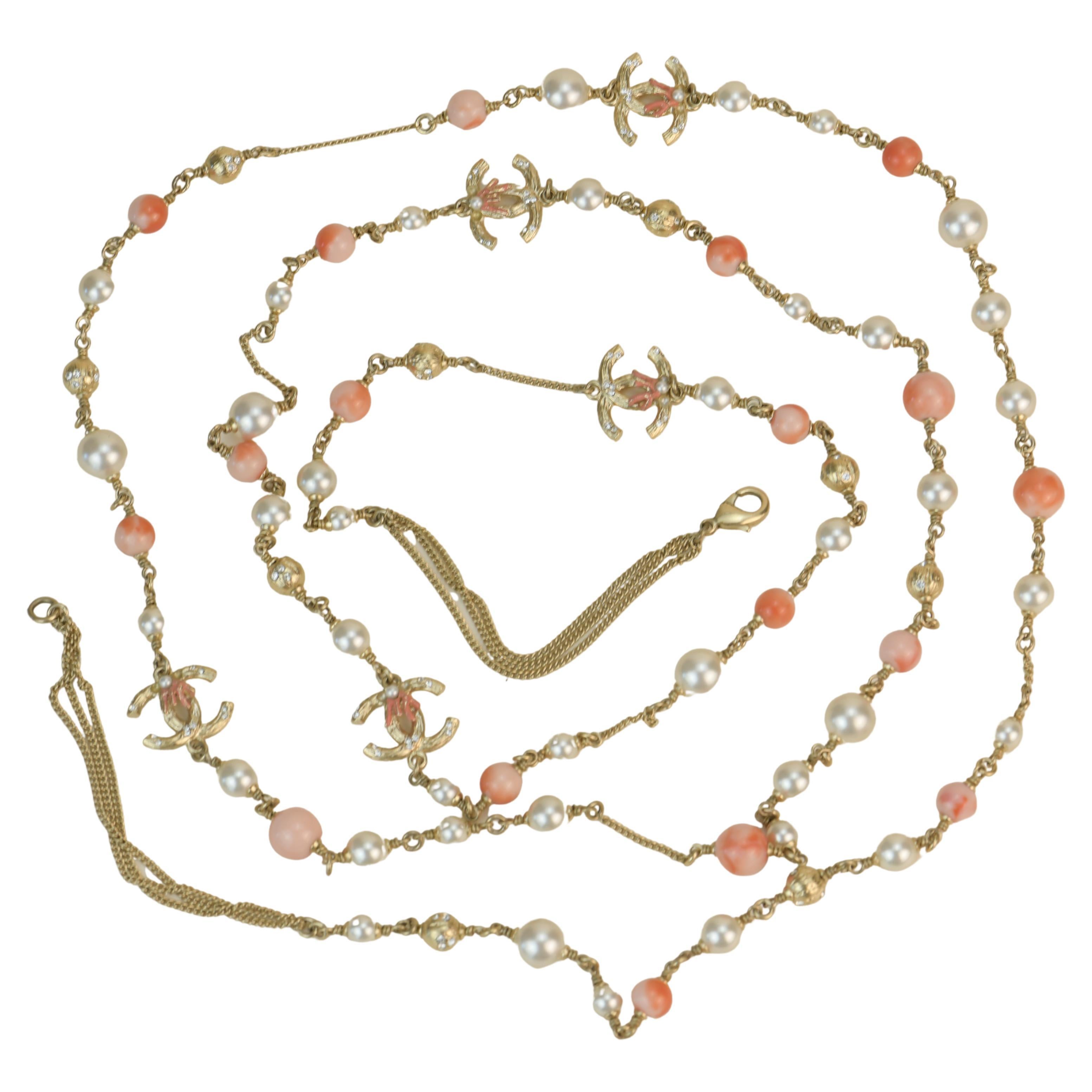 Chanel CC Logo Pearl Pink Long Necklace