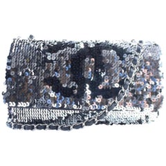 Vintage Chanel Cc Logo Sequin Flap 2cr0522 Silver X Black Leather Cross Body Bag