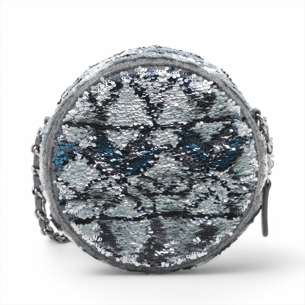 Donna Chanel CC Logo Paillettes x Catena di Lana Borsa a tracolla rotonda Grigio * PREORDINE *