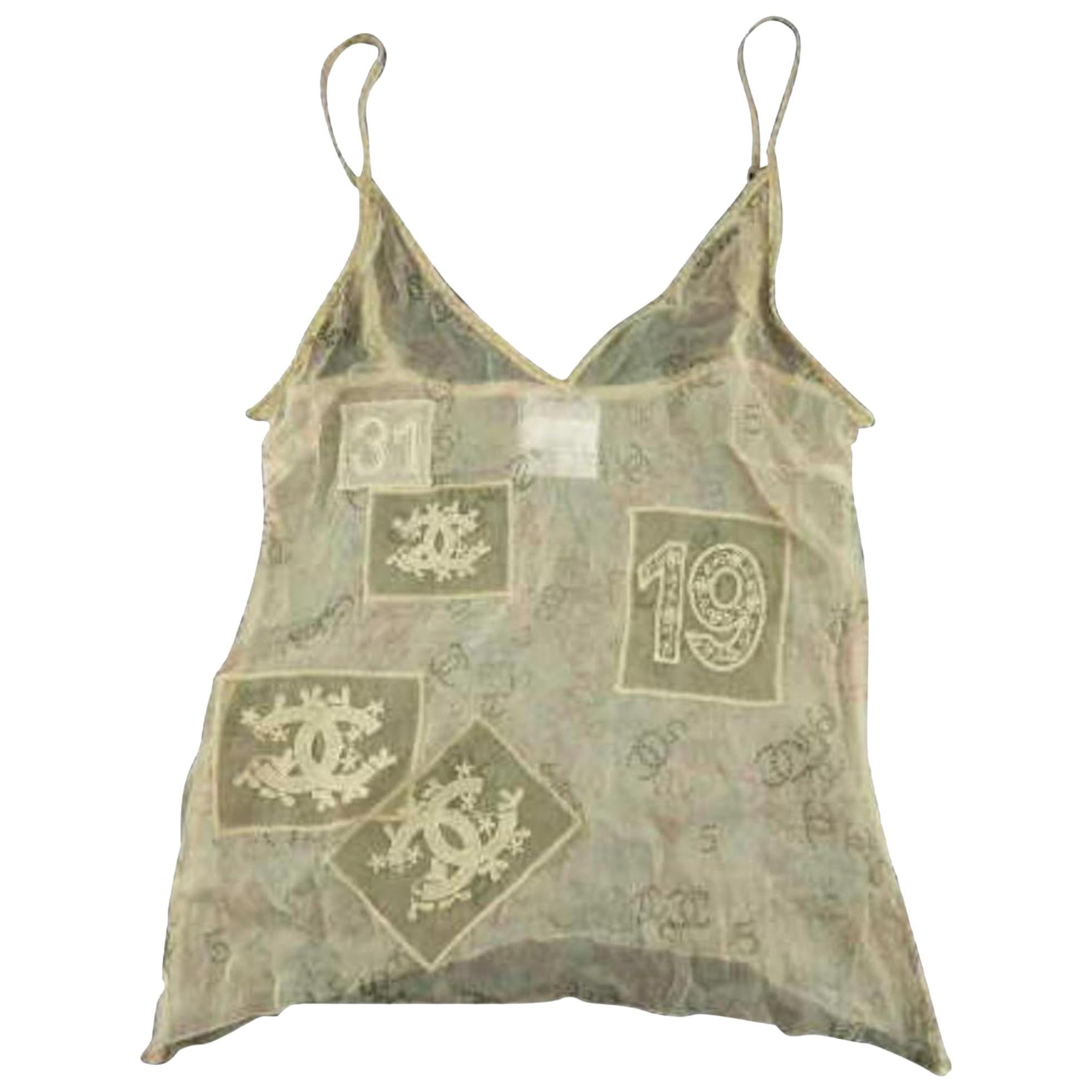 Chanel Cc Logo Sheer Camisole Tank Top Blouse 231188 Cream Silk Tote For Sale