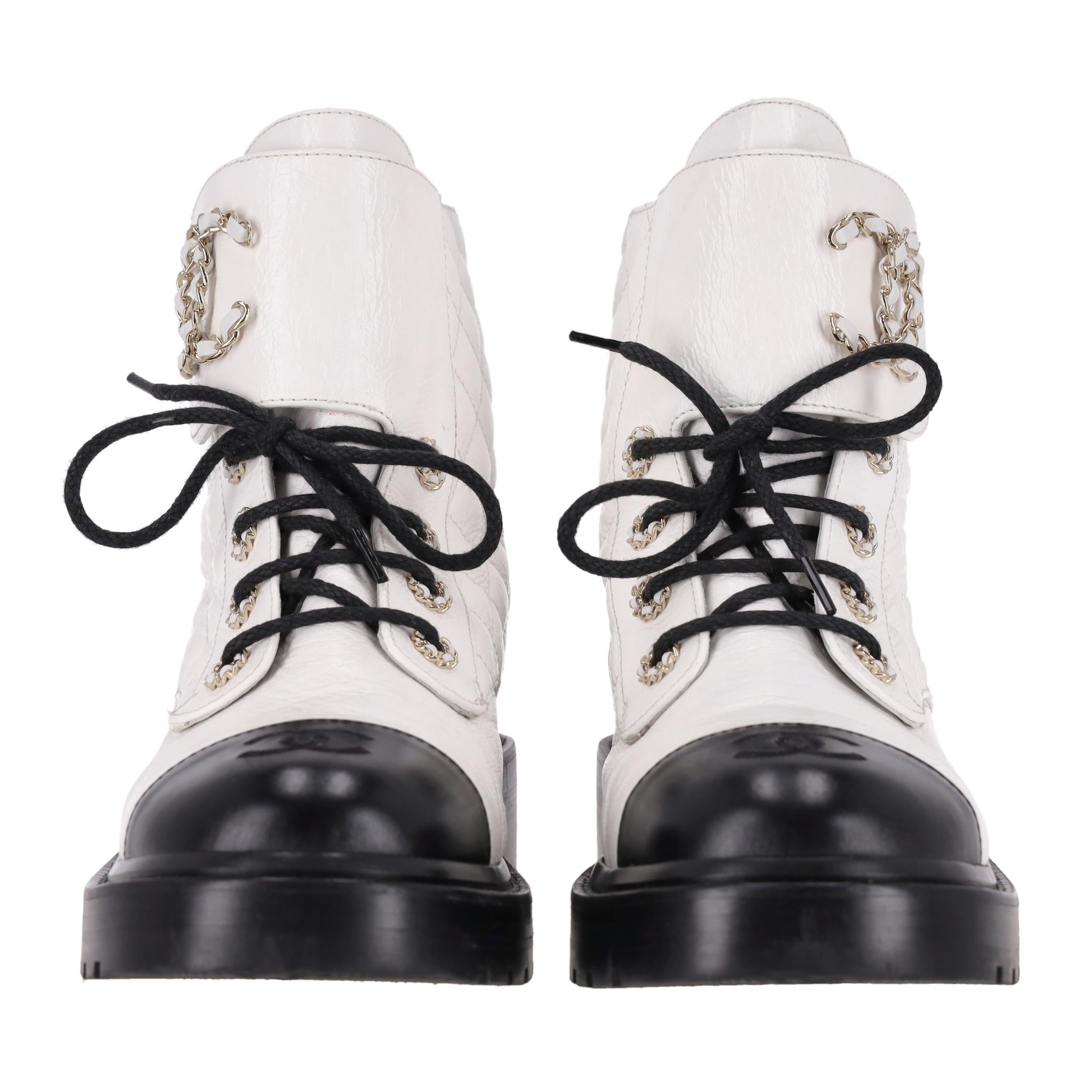 Gray Chanel 'CC' Logo Shiny Goatskin Calfskin Diamond Quilted Combat Boots For Sale