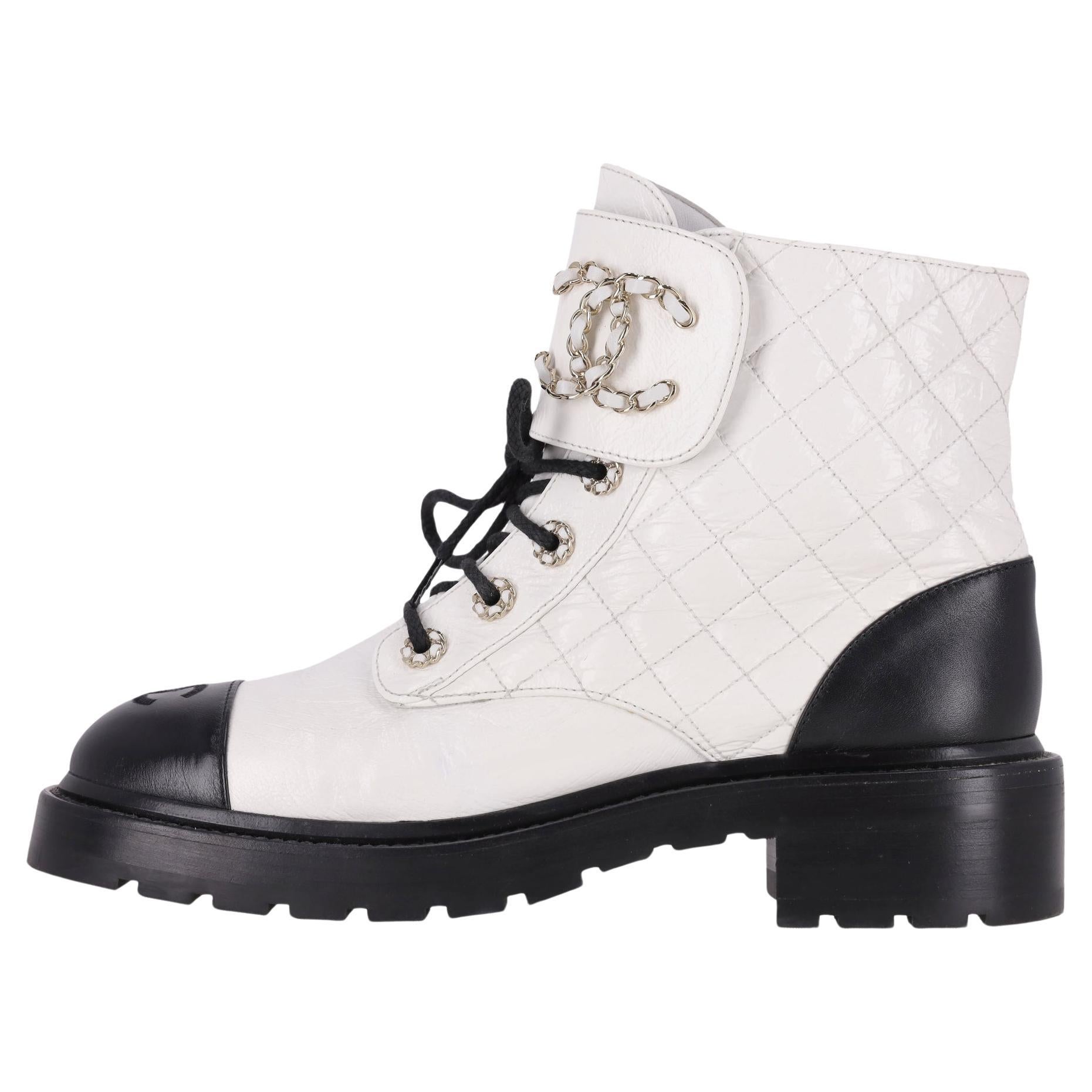 Chanel 'CC' Logo Shiny Goatskin Calfskin Diamond Quilted Combat Boots For Sale