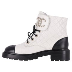 Used Chanel 'CC' Logo Shiny Goatskin Calfskin Diamond Quilted Combat Boots