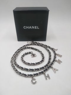 Chanel CC Logo Silver and Black Leather Letter Chain Belt Necklace Bracelet