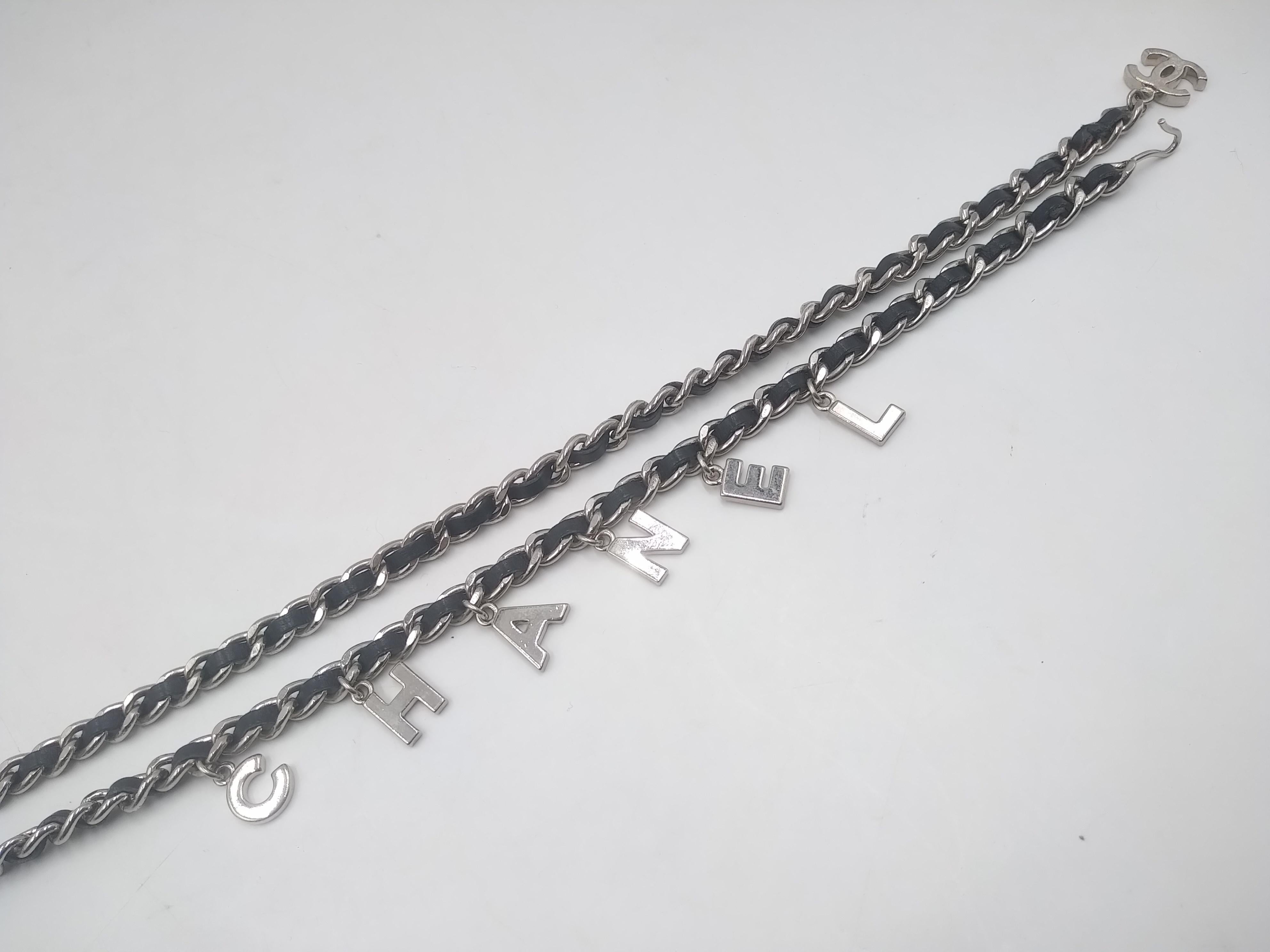 Gray Chanel CC Logo Silver and Black Leather Letter Chain Belt Necklace Bracelet For Sale