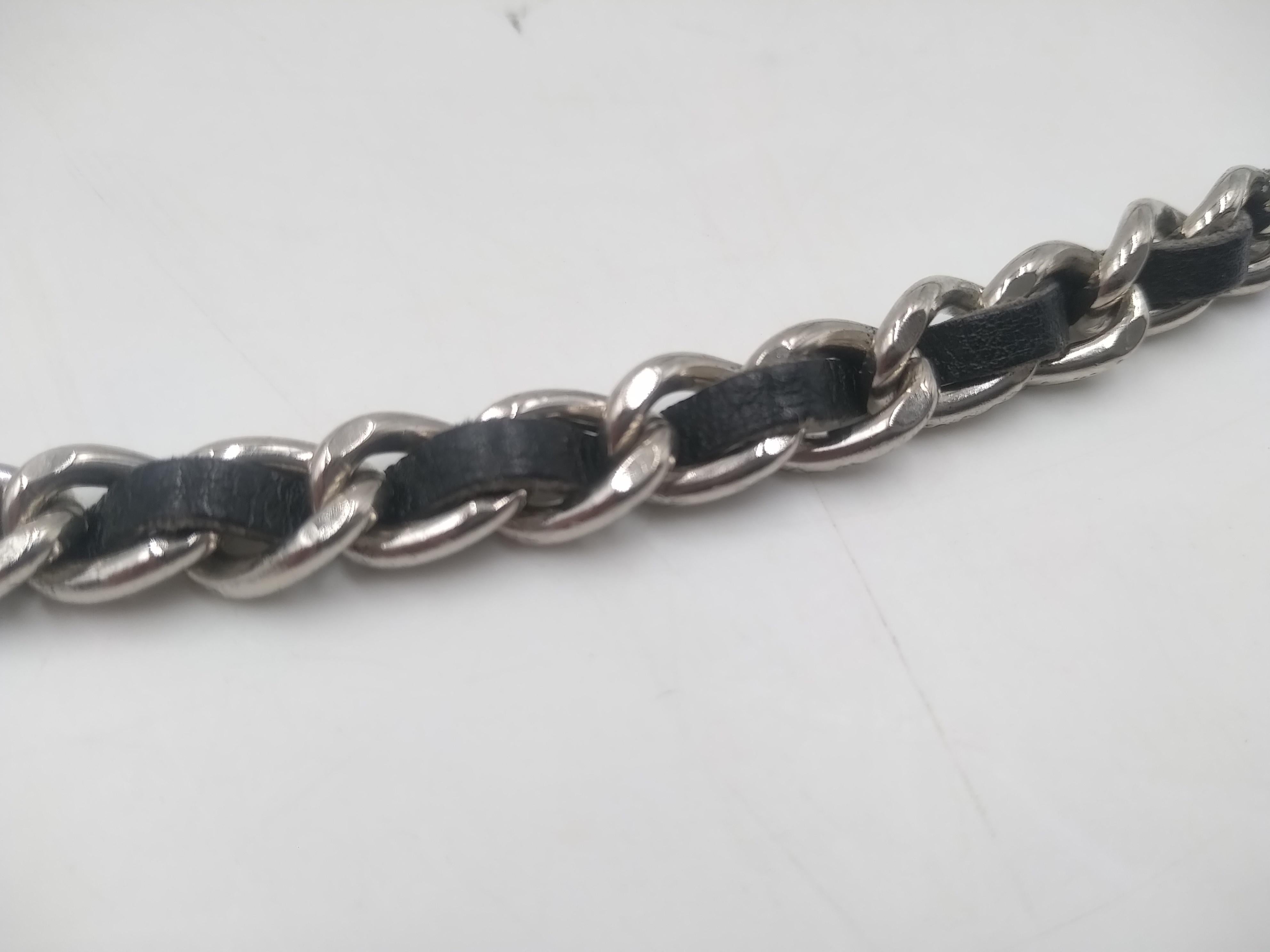 Chanel CC Logo Silver and Black Leather Letter Chain Belt Necklace Bracelet In Good Condition For Sale In Lugano, Ticino