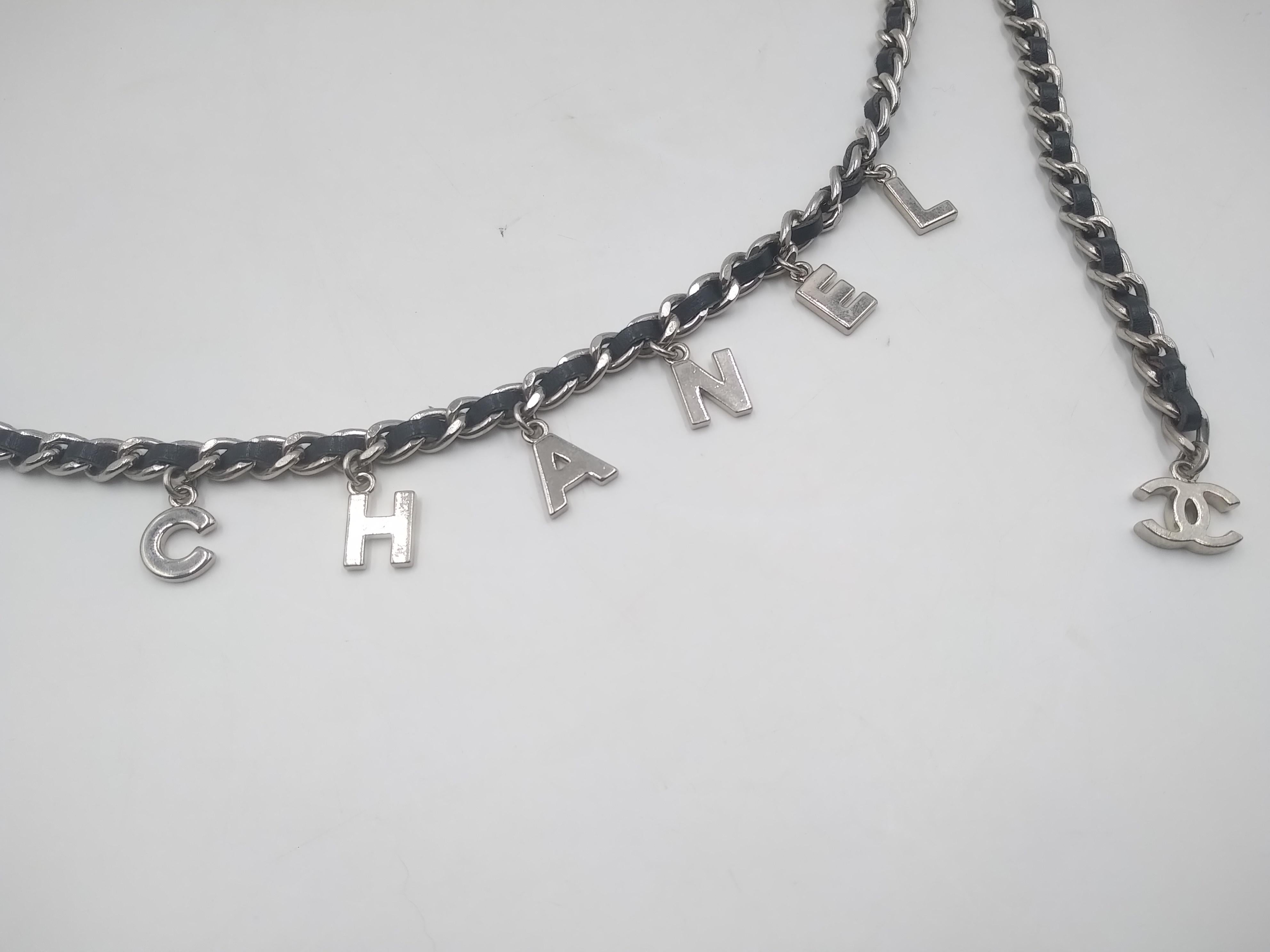 Women's or Men's Chanel CC Logo Silver and Black Leather Letter Chain Belt Necklace Bracelet For Sale