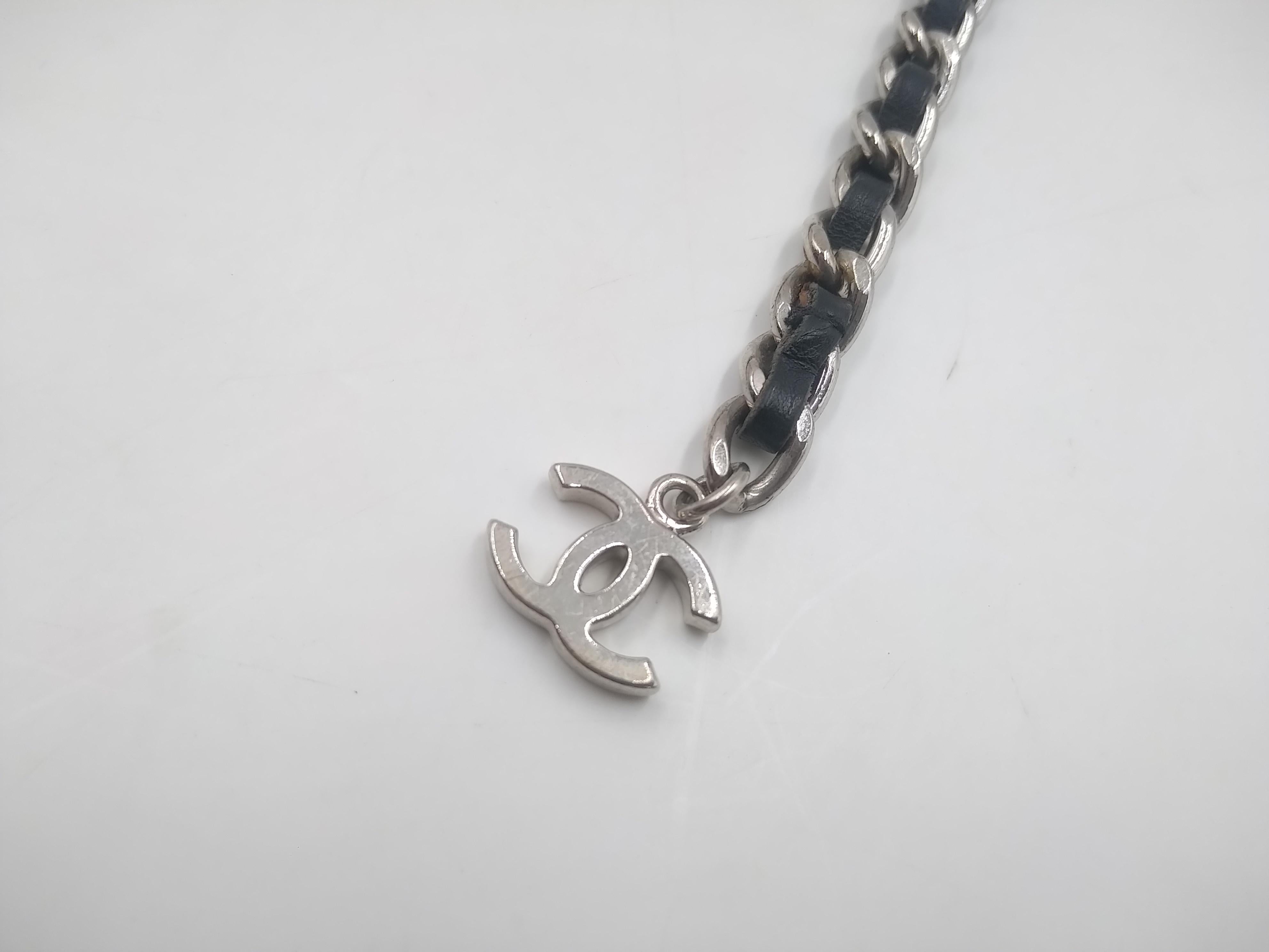 Chanel CC Logo Silver and Black Leather Letter Chain Belt Necklace Bracelet For Sale 1